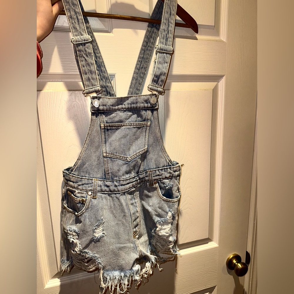Distressed jean short overalls